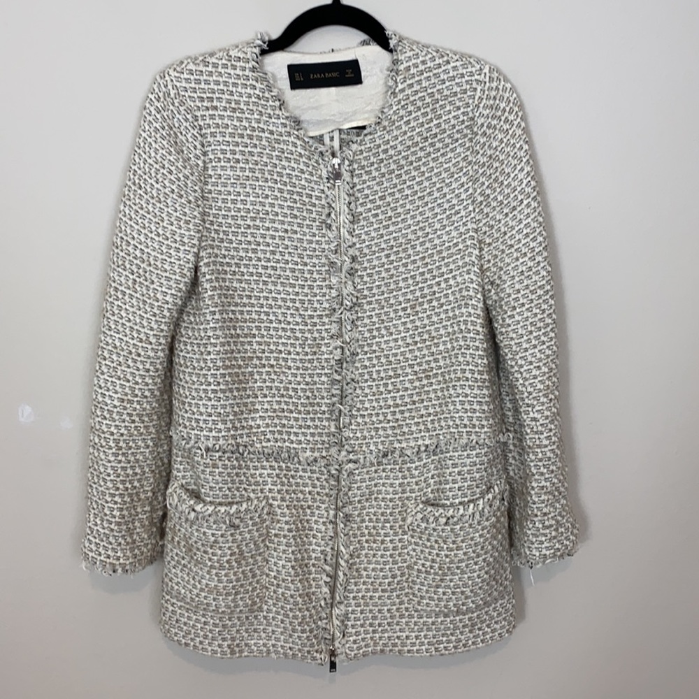 Zara White Gray Tweed Wool Long Zipper Jacket